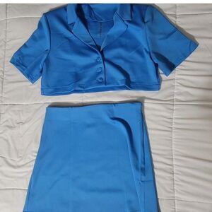 Halfheart Blue Set, Mini Skirt and Crop Top Button up, Large